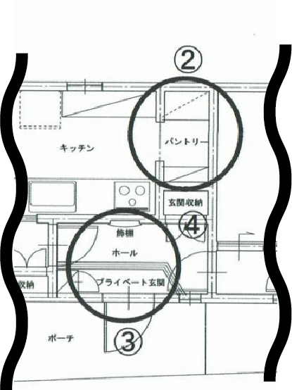 モデルハウスのパントリーとプライベート玄関に関する図面